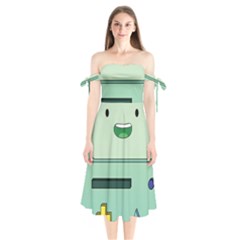 Adventure Time Bmo Beemo Green Shoulder Tie Bardot Midi Dress by Bedest