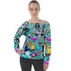 Graffiti Pop Art Crazy Retro Off Shoulder Long Sleeve Velour Top by Bedest