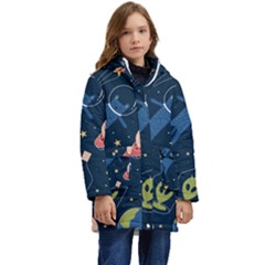 Seamless Pattern With Funny Aliens Cat Galaxy Kids  Hooded Longline Puffer Jacket by Hannah976