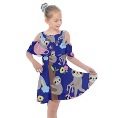 Hand Drawn Cute Sloth Pattern Background Kids  Shoulder Cutout Chiffon Dress by Hannah976