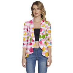 Tropical Fruits Berries Seamless Pattern Women s 3/4 Sleeve Ruffle Edge Open Front Jacket by Ravend