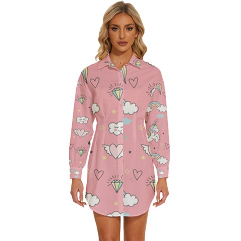 Cute Unicorn Seamless Pattern Womens Long Sleeve Shirt Dress by Apen