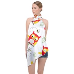Seamless Pattern Vector Owl Cartoon With Bugs Halter Asymmetric Satin Top by Apen
