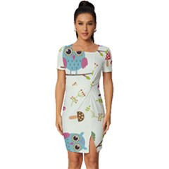 Forest Seamless Pattern With Cute Owls Fitted Knot Split End Bodycon Dress by Apen