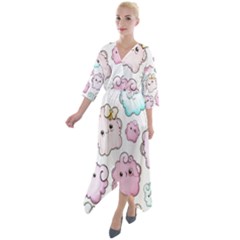 Cute Doodle Cartoon Seamless Pattern Quarter Sleeve Wrap Front Maxi Dress by Apen