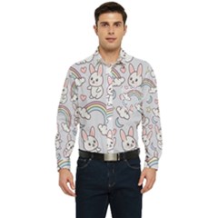 Seamless Pattern With Cute Rabbit Character Men s Long Sleeve Pocket Shirt 