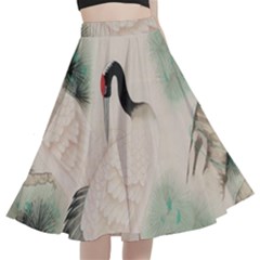 Japanese Crane Painting Of Bird A-line Full Circle Midi Skirt With Pocket by Cendanart
