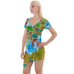 World Map Short Sleeve Asymmetric Mini Dress by Ket1n9