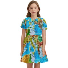 World Map Kids  Bow Tie Puff Sleeve Dress by Ket1n9