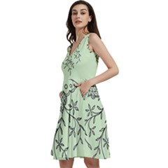 Illustration Of Butterflies And Flowers Ornament On Green Background Sleeveless V-neck Skater Dress With Pockets by Ket1n9