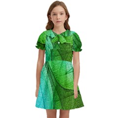 Sunlight Filtering Through Transparent Leaves Green Blue Kids  Bow Tie Puff Sleeve Dress by Ket1n9