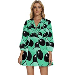 Art Alien Pattern V-neck Placket Mini Dress by Ket1n9