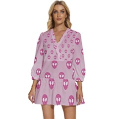 Alien Pattern Pink V-neck Placket Mini Dress by Ket1n9