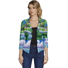 Swan Bird Spring Flowers Trees Lake Pond Landscape Original Aceo Painting Art Women s Casual 3/4 Sleeve Spring Jacket by Ket1n9