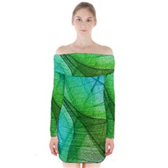 Sunlight Filtering Through Transparent Leaves Green Blue Long Sleeve Off Shoulder Dress by Ket1n9