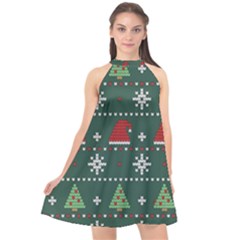 Beautiful Knitted Christmas Pattern Halter Neckline Chiffon Dress  by Ket1n9