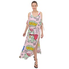 Seamless Pattern With Many Funny Cute Superhero Dinosaurs T-rex Mask Cloak With Comics Style Inscrip Maxi Chiffon Cover Up Dress by Ket1n9