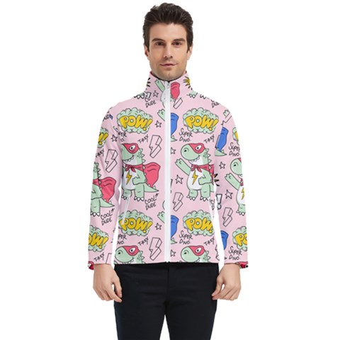 Seamless Pattern With Many Funny Cute Superhero Dinosaurs T-rex Mask Cloak With Comics Style Inscrip Men s Bomber Jacket by Ket1n9