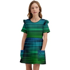 Blue And Green Lines Kids  Frilly Sleeves Pocket Dress by Ket1n9