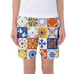 Mexican Talavera Pattern Ceramic Tiles With Flower Leaves Bird Ornaments Traditional Majolica Style Women s Basketball Shorts by Ket1n9