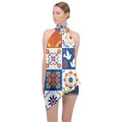 Mexican Talavera Pattern Ceramic Tiles With Flower Leaves Bird Ornaments Traditional Majolica Style Halter Asymmetric Satin Top by Ket1n9