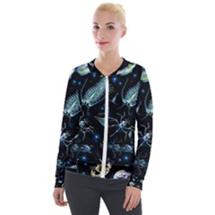 Colorful Abstract Pattern Consisting Glowing Lights Luminescent Images Marine Plankton Dark Backgrou Velvet Zip Up Jacket by Ket1n9