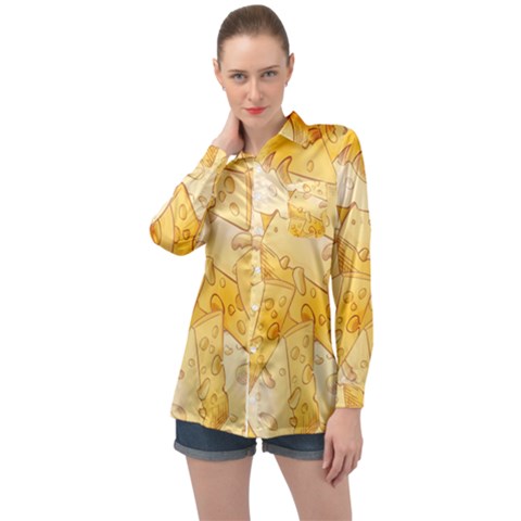 Cheese Slices Seamless Pattern Cartoon Style Long Sleeve Satin Shirt by Ket1n9