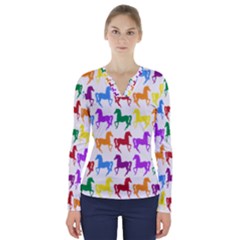 Colorful Horse Background Wallpaper V-neck Long Sleeve Top by Hannah976