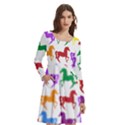 Colorful Horse Background Wallpaper Long Sleeve Knee Length Skater Dress With Pockets View2