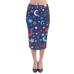 Colorful Background Moons Stars Velvet Midi Pencil Skirt by Ndabl3x