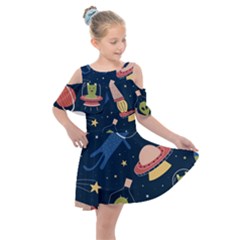 Seamless Pattern With Funny Alien Cat Galaxy Kids  Shoulder Cutout Chiffon Dress by Ndabl3x