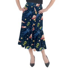 Seamless Pattern With Funny Alien Cat Galaxy Midi Mermaid Skirt by Ndabl3x