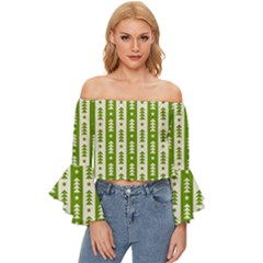 Christmas Green Tree Background Off Shoulder Flutter Bell Sleeve Top by Cendanart