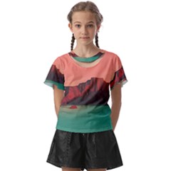 Brown Mountain Illustration Sunset Digital Art Mountains Kids  Front Cut T-shirt by Cendanart