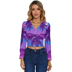 Palm Tree Vaporwave Synthwave Retro Style Long Sleeve V-neck Top by Cendanart