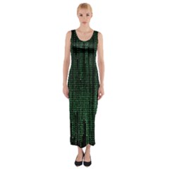 Green Matrix Code Illustration Digital Art Portrait Display Fitted Maxi Dress by Cendanart