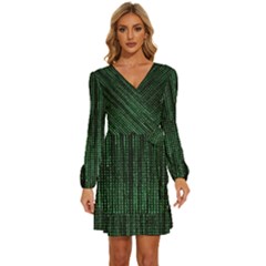 Green Matrix Code Illustration Digital Art Portrait Display Long Sleeve Waist Tie Ruffle Velvet Dress by Cendanart