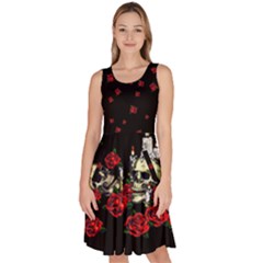 Roses Floral Black Print Sugar Skull Knee Length Skater Dress With Pockets by CoolDesigns