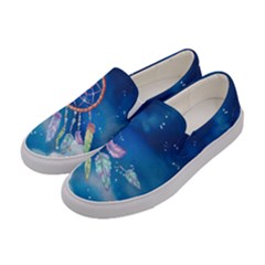 Dark Blue Feather Peacock Bird Dream Catcher Print Womens Canvas Slip Ons by CoolDesigns