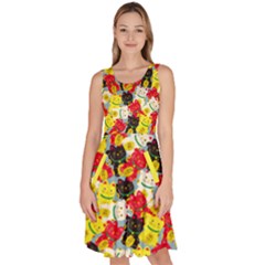 Lucky Kitty Cats Red & Yellow Knee Length Skater Dress With Pockets by CoolDesigns