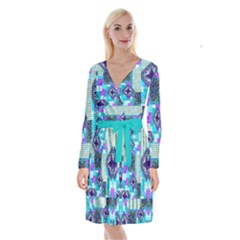 Tartan Mix Patchwork Pattern Aqua Long Sleeve Velvet Front Wrap Dress by CoolDesigns