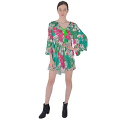 Hawaii Hibiscus Aquamarine Tropical Flowers V-neck Flare Sleeve Mini Dress by CoolDesigns