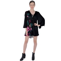 Black Floral Flower In Dark V-neck Flare Sleeve Mini Dress by CoolDesigns