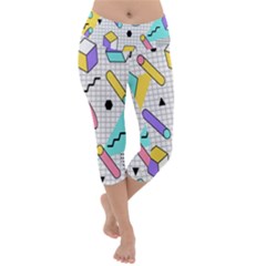 Tridimensional Pastel Shapes Background Memphis Style Lightweight Velour Capri Yoga Leggings by Bedest