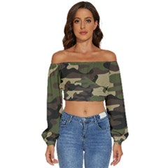 Texture Military Camouflage Repeats Seamless Army Green Hunting Long Sleeve Crinkled Weave Crop Top by Bedest