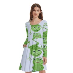 Cute Green Frogs Seamless Pattern Long Sleeve Knee Length Skater Dress With Pockets by Bedest