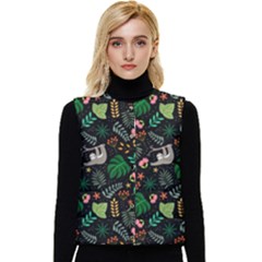 Floral Pattern With Plants Sloth Flowers Black Backdrop Women s Button Up Puffer Vest by Bedest