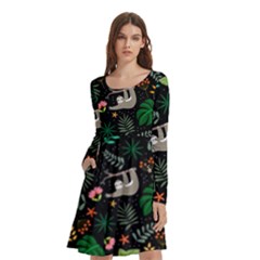 Floral Pattern With Plants Sloth Flowers Black Backdrop Long Sleeve Knee Length Skater Dress With Pockets by Bedest