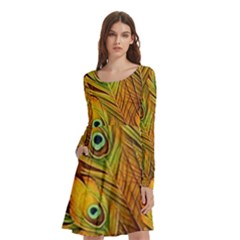 Peacock Feathers Green Yellow Long Sleeve Knee Length Skater Dress With Pockets by Bedest