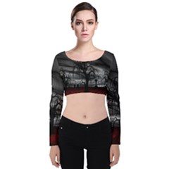 Grave Yard Dark Fantasy Trees Velvet Long Sleeve Crop Top by Cemarart